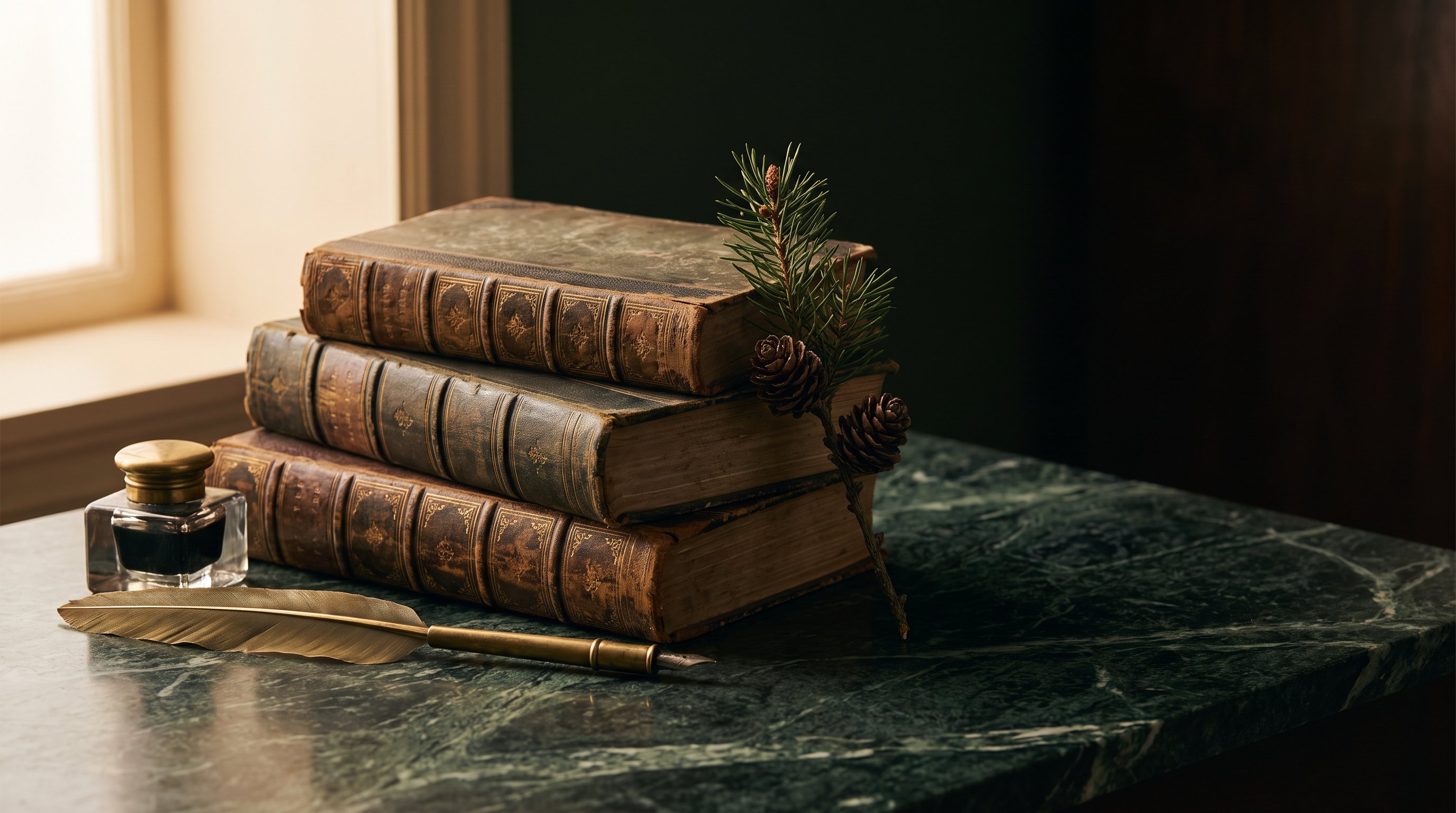 Leather-bound books, a brass quill, and a pine branch resting on a dark green marble desk